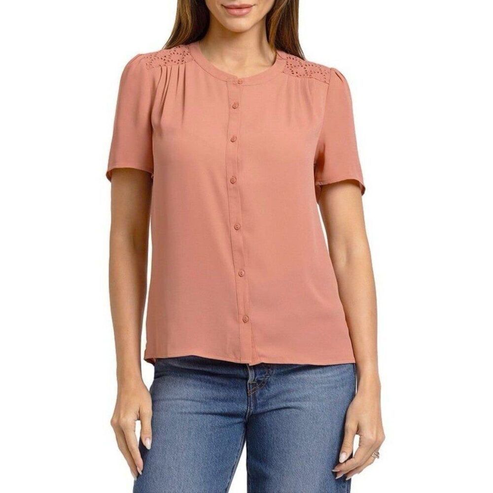 NEW Daniel Rainn Pink Eyelet Blouse Minimalist Spring Dainty Feminine Boho Chic